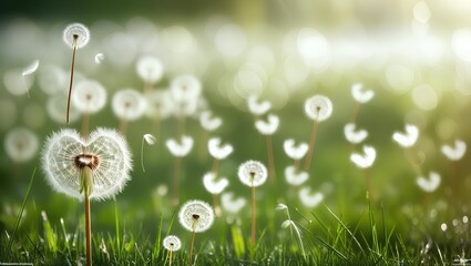 Dandelion Seeds Flying in Sunlit Meadow &ndash; Soft Spring Nature Macro Background