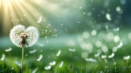 Dandelion Seeds Flying in Sunlit Meadow &ndash; Soft Spring Nature Macro Background