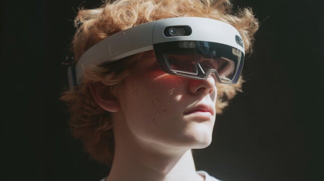 A teenager with tousled hair is engaged with a modern virtual reality headset. Bright light enhances the immersive experience as they explore new digital worlds. - Powered by Adobe