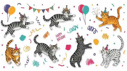 Cats Celebrating Birthday Party with Balloons and Confetti. © IPUT