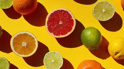 Sliced citrus fruits, including oranges, limes, and a grapefruit, arranged on a vibrant yellow background with strong shadows and highlights.