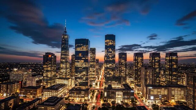 Sunset over a modern city skyline with tall skyscrapers and lights