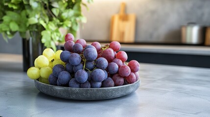 Grapes on plate on granite kitchen bar in modern apartment