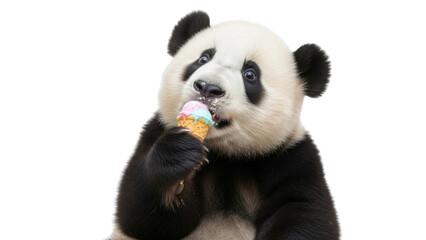 Obraz premium Giant panda eating a colorful ice cream cone isolated PNG with Transparent Background