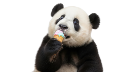 Giant panda eating a colorful ice cream cone isolated PNG with Transparent Background