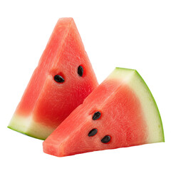 Two perfectly cut, fresh triangular watermelon slices, ruby-red and wet with seeds, green and white rind, isolated on white with subtle shadow and copy space. Refreshing food concept