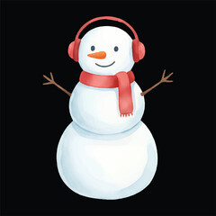 Cute snowman watercolor vector illustration as DJ isolated on black background
