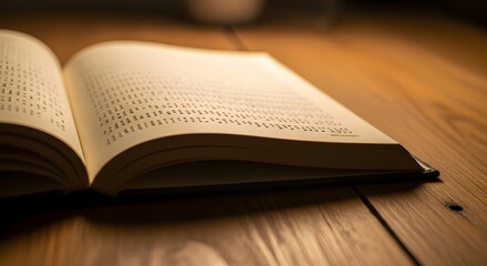 A braille book resting open on a wooden table under warm natural lighting