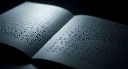 A clean open braille document with dramatic focused lighting on embossed patterns