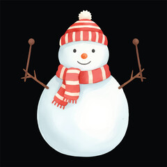 Cute snowman watercolor vector illustration as drummer isolated on black background
