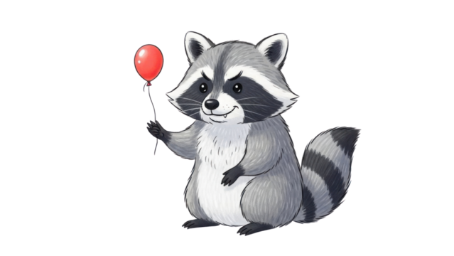 Cute raccoon holding a red balloon isolated PNG with Transparent Background - Powered by Adobe