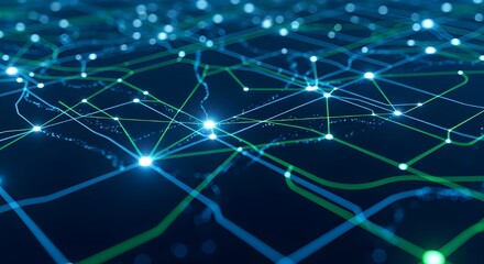 3D render of abstract digital network connections with glowing blue and green lines