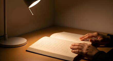 A cozy quiet scene with a braille book and lamp glow.