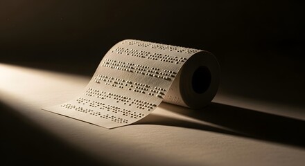 A rolled sheet of embossed braille paper illuminated with soft directional light.