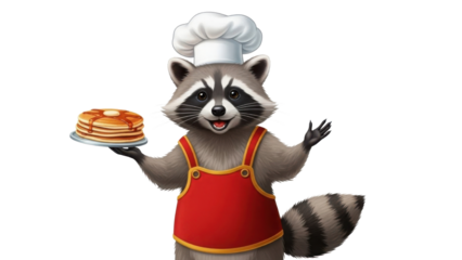 Cartoon raccoon chef holding pancakes with syrup isolated PNG with Transparent Background
