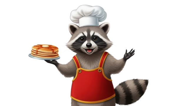 Cartoon raccoon chef holding pancakes with syrup isolated PNG with Transparent Background - Powered by Adobe