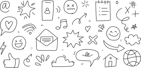 Hand-drawn doodle social media collection, a vector background set of internet icons, communication symbols, and digital technology elements for web design