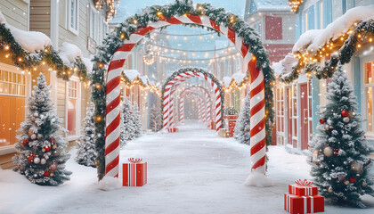 Naklejka premium Festive christmas arch with candy cane stripes, snow covered village, holiday lights, winter, cheerful, decorated, gift box
