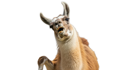 Funny portrait of a llama looking up with mouth open isolated PNG with Transparent Background