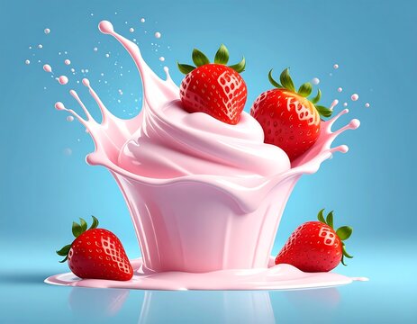 Splash of pink cream with strawberries on a blue background - Powered by Adobe