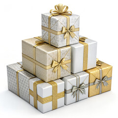 Stacked Christmas gift boxes with golden ribbons and bows on a clean white background

