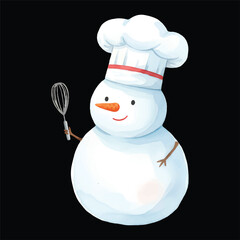 Cute snowman watercolor vector illustration as chef isolated on black background
