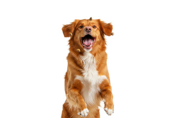 A 2-3 year old Nova Scotia Duck Tolling Retriever, reddish-brown, white markings, leaping mid-air, mouth open, catching brown kibble against a brilliantly lit transparent studio background with copy