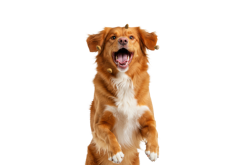 A 2-3 year old Nova Scotia Duck Tolling Retriever, reddish-brown, white markings, leaping mid-air, mouth open, catching brown kibble against a brilliantly lit transparent studio background with copy