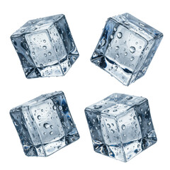 Four distinct, organically shaped ice cubes with intricate water droplets and trapped air bubbles, dramatically lit, floating against a transparent background with copy space, concept for refreshing