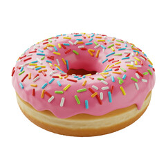 A single, perfectly round donut with glossy pink frosting and vibrant multi-colored sprinkles, golden-brown dough, on a transparent background with copy space. Concept of joyful sweet indulgence and