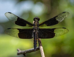 Close-up of a striking black and yellow dragonfly perched on a branch, showcasing its intricate wing patterns and delicate body against a soft, blurred green background.