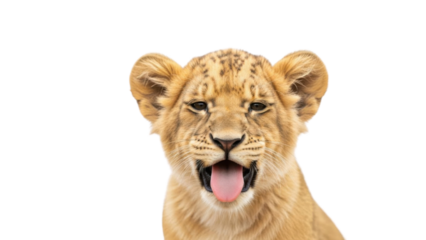 Close up portrait of a cute lion cub sticking its tongue out isolated PNG with Transparent Background