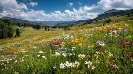 Fototapeta premium A vibrant meadow filled with wildflowers, under a blue sky with fluffy white clouds, with distant mountains in the background.
