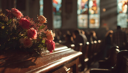 Funeral ceremony inside a sunlit church. Beautiful rose bouquet adorns a wooden coffin. Blurred people mourn, pay last respects to deceased at the farewell memorial service.