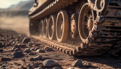 A close-up view of a military tank tread on rocky terrain, highlighting its robust design and powerful presence in a dusty environment.