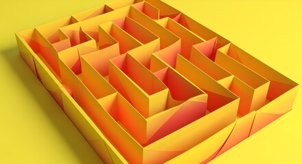 Conceptual 3D Paper Maze Representing Challenge, Solution, and Complexity on Yellow Background
