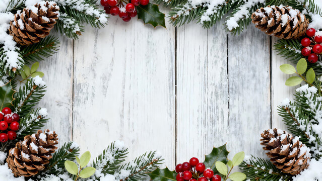 Snowy Christmas Frame with Pine Cones and Red Berries on White Wooden Background - Powered by Adobe