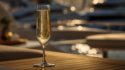 champagne glass filled with champagne standing on the teak deck of a luxury yacht