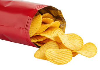 Crispy golden ripple-cut potato chips with visible seasoning overflowing from a vibrant red crinkled snack bag, studio setting, transparent background, close-up, concept for snack food advertising