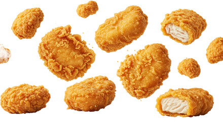 Crispy golden-brown deep-fried chicken nuggets and breaded pieces suspended mid-air with scattering crumbs, on a bright white studio background, concept for fast-food advertising