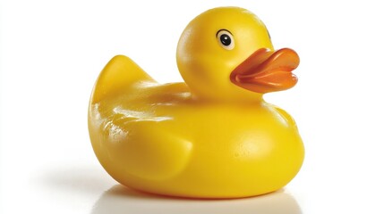 A cheerful yellow rubber duck is placed on a clean white surface ready to brighten up bath time or serve as a fun decoration in a child's room. Its friendly design adds charm to any setting.