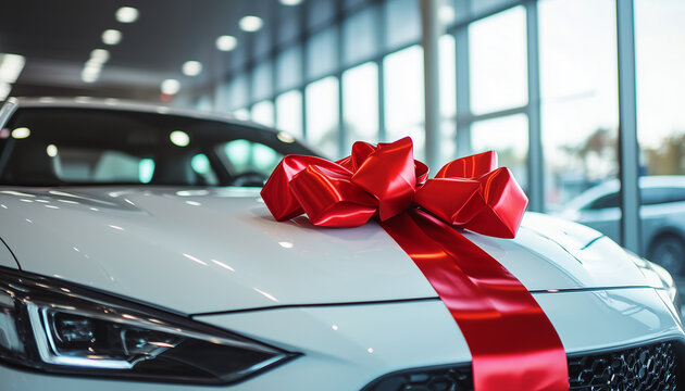 Fototapeta Red gift ribbon on a car. car in an auto showroom, modern dealership environment