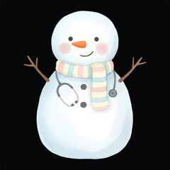 Cute snowman watercolor vector illustration as doctor isolated on black background
