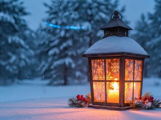 Enchanting winter scene with glowing lantern amidst snowy forest, evoking warmth and holiday cheer for festive campaigns and seasonal greetings, perfect for capturing cozy holiday vibes