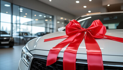 Red gift ribbon on a car. car in an auto showroom, modern dealership environment