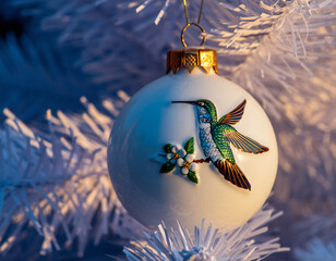 Naklejka premium Festive holiday image showing a delicate hummingbird ornament on a white tree. Symbolic of nature, beauty, and new beginnings. Perfect for winter themes.
