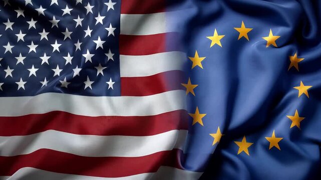us flag waving next to eu flag. relations between usa and european union. partnership trade partner friendship cooperation