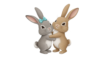 Cute illustration of two bunnies hugging isolated PNG with Transparent Background