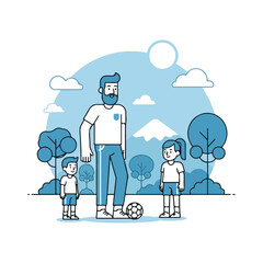 Family Fun Day: A cheerful illustration captures the essence of family bonding, a father and his children gather outdoors for a game of soccer, celebrating the joy of togetherness.