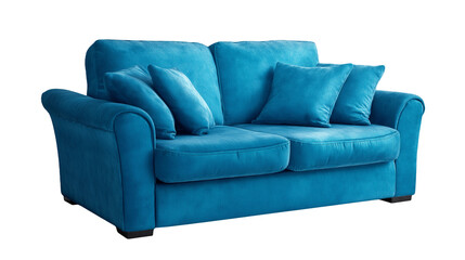Fototapeta premium Modern Blue Fabric Sofa with Cushions, Comfortable Living Room Couch Isolated on Transparent Background